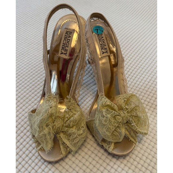 Badgley Mischka Gold Lace Bow Slingback Heels Open Toe Shoes Size 7.5M - Picture 1 of 14